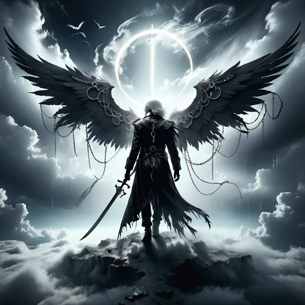 glow eyes, black mask,(masterpiece, best quality), (1boy), (dark angel, white hair, black wings, halo, back view), (chains, tattered clothing, holding scythe), (standing on clouds, ethereal background, floating symbols), (dramatic lighting, high contrast, dynamic composition), (detailed wings, intricate details, apocalyptic theme), (mysterious, ominous, powerful)