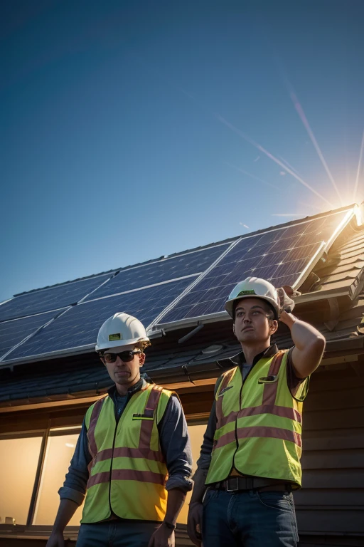 Two men installing a solar energy panel wearing hard hats, cinematic lighting, UHD