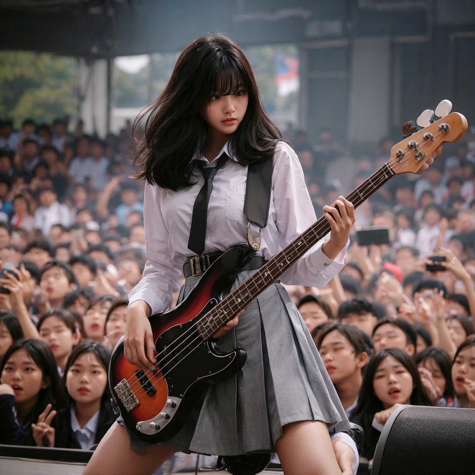Here is the translation to English:

"A beautiful Korean girl, 18 years old, tall, fair-skinned, medium breasts, playing bass guitar, performing on a high school stage in Surabaya city, many school children watching, wearing a high , white shirt, belt, and gray skirt, jumping around, headbanging, masterpiece, realistic image, HD, 4k, detailed face, detailed eyes, messy hairstyle"