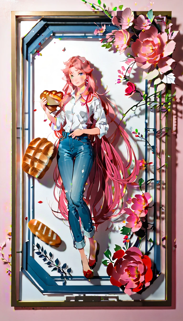 (((paper cutting style))), (frame of illustration is 3D paper cutting: 1.2), (denim and shirts), (pink long hair), (random angle), (random pose), 1 girl, bread