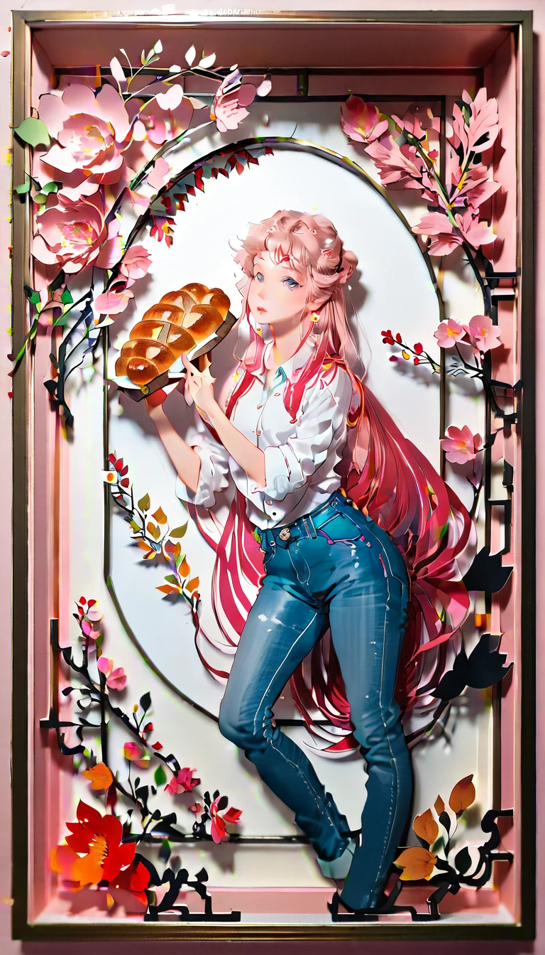 (((paper cutting style))), (frame of illustration is 3D paper cutting: 1.2), (denim and shirts), (pink long hair), (random angle), (random pose), 1 girl, bread