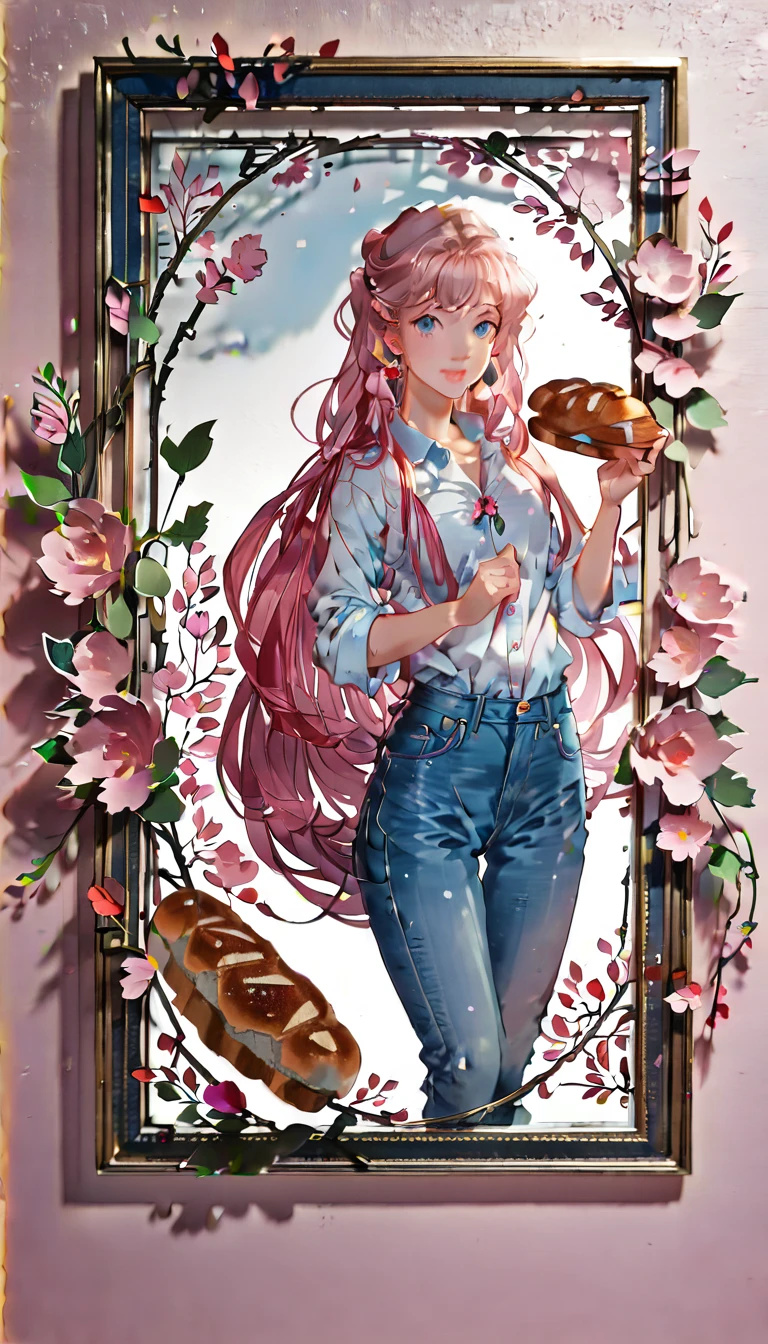 (((paper cutting style))), (frame of illustration is 3D paper cutting: 1.2), (denim and shirts), (pink long hair), (random angle), (random pose), 1 girl, bread