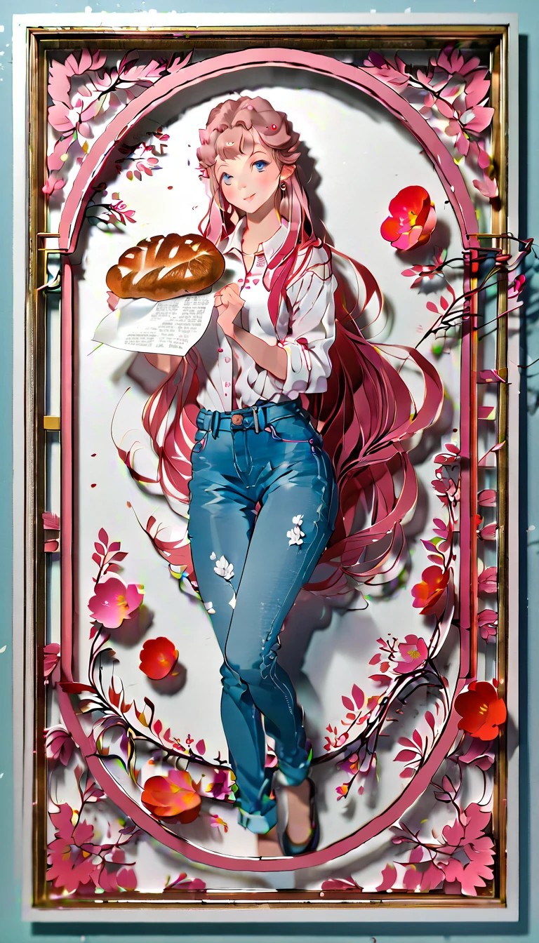 (((paper cutting style))), (frame of illustration is 3D paper cutting: 1.2), (denim and shirts), (pink long hair), (random angle), (random pose), 1 girl, bread