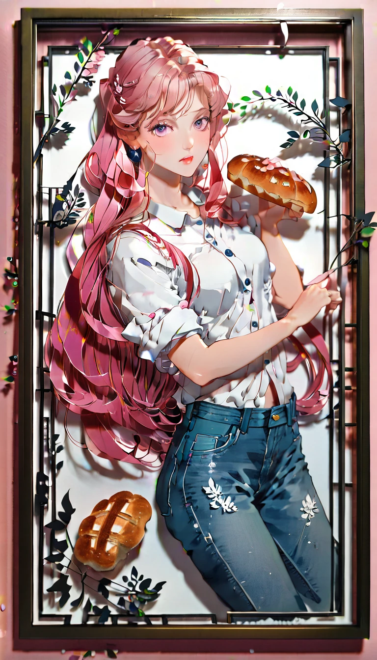 (((paper cutting style))), (frame of illustration is 3D paper cutting: 1.2), (denim and shirts), (pink long hair), (random angle), (random pose), 1 girl, bread