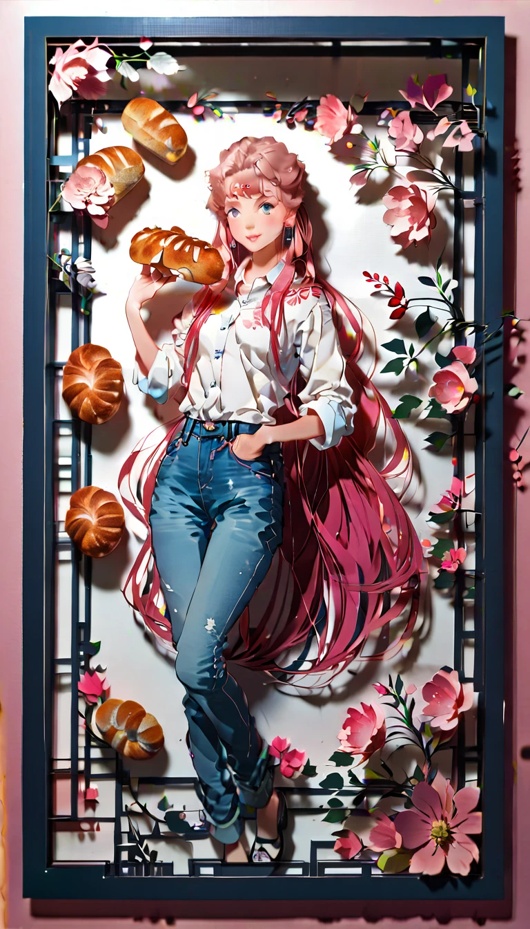 (((paper cutting style))), (frame of illustration is 3D paper cutting: 1.2), (denim and shirts), (pink long hair), (random angle), (random pose), 1 girl, bread