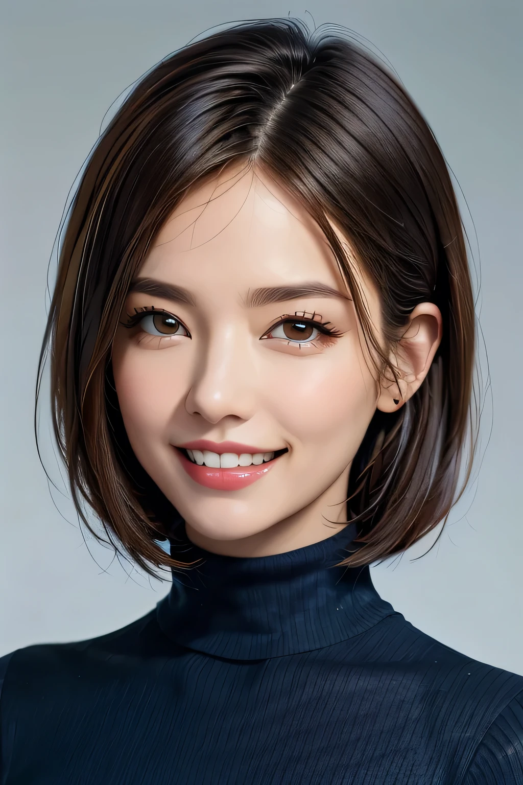 ((masterpiece)), ((Highest quality)), ((Complex)), ((Surreal)), (Realistic), (Mature Woman), ((No classes)), Very detailed, (1 female), Beautiful and exquisite, (Beautiful Teeth), Grin, Brunette Bob Hair, Brown eyes, ((Blue turtleneck)), (Upper Body), (background:Urban area), (backgroundぼかし), Perfect Eyes, Captivating eyes, Looking at the audience