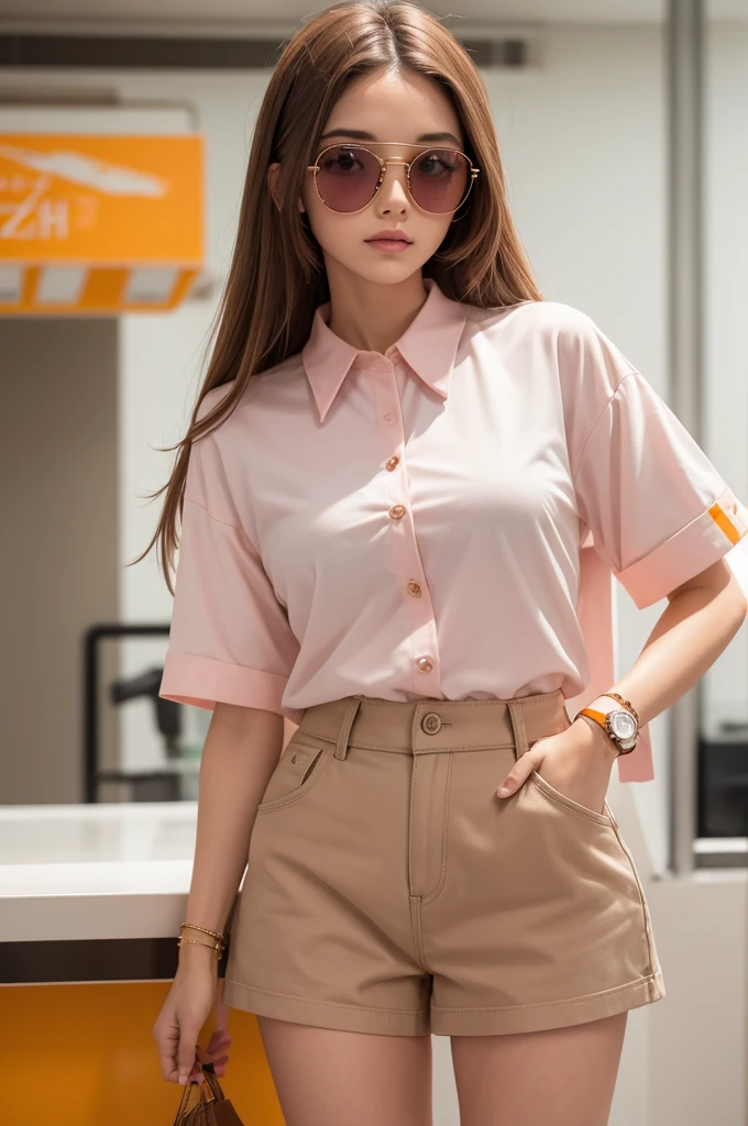 white with long brown hair, Bullish.light pink glasses,Bullish com camisa do rei leao e short laranja