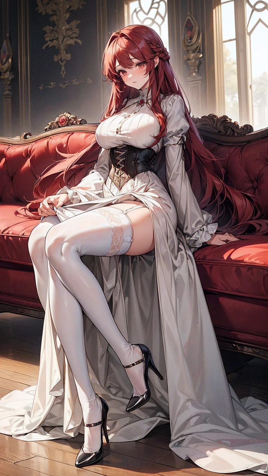 (masterpiece, top quality, best quality, official art, beautiful and aesthetic:1.2), (, best quality, masterpiece:1.2), very long hair, full body, (large breasts:1.2), very long hair, white thighhighs, high heels, (long dress:1.4), corset, garter belts, red hair, tall girl,  girl
