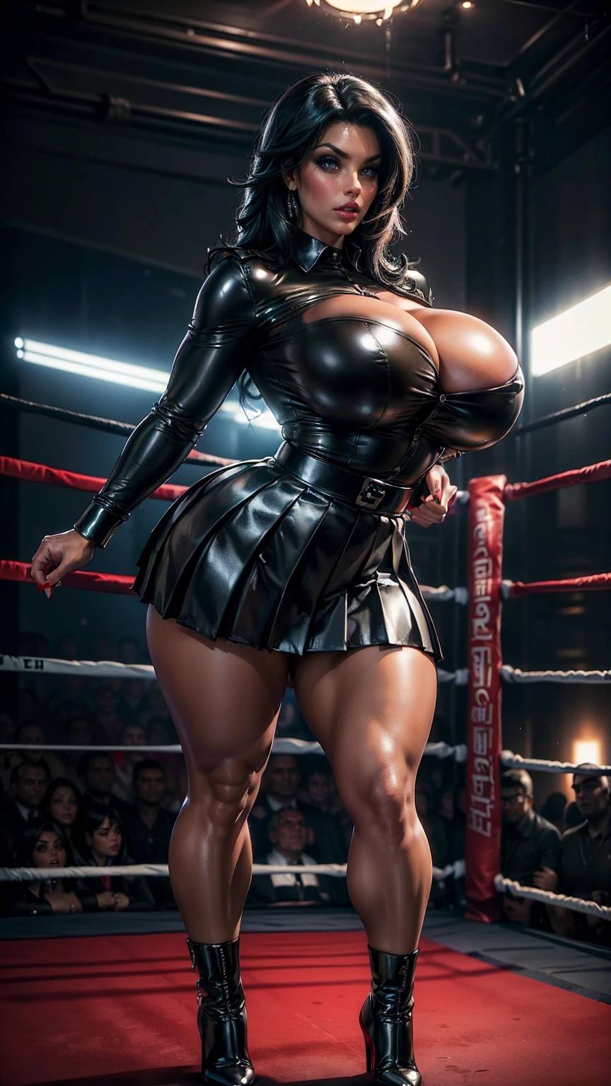 (​masterpiece, Top quality, best quality, official art, beautiful and aesthetic: 1.2), ((curvy thicc mature Denise Milani:1.3)), gorgeous and stunning face, ((black leather long-sleeved formal army shirt, buttoned up:1.5)), ((long black leather pleated skirt:1.5)), ((short, straight jet-black hair:1.3)), (tiny waist), ((thicc, thick thighs:1.5)), ((beautiful large green eyes):1.3), (intimidating pose in a boxing ring), (full-body portrait), (vivid colors), (metallic textures), (hot red lips, makeup:1.3), sexy fighter, prominent breasts, rock solid breasts, missile shaped breasts that defy gravity, (full body portrait:1.3), big_boltedontits, boltedontits, th3p1t, sakimichan,