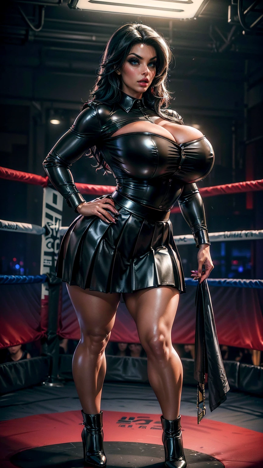 (​masterpiece, Top quality, best quality, official art, beautiful and aesthetic: 1.2), ((curvy thicc mature Denise Milani:1.3)), gorgeous and stunning face, ((black leather long-sleeved formal army shirt, buttoned up:1.5)), ((long black leather pleated skirt:1.5)), ((short, straight jet-black hair:1.3)), (tiny waist), ((thicc, thick thighs:1.5)), ((beautiful large green eyes):1.3), (intimidating pose in a boxing ring), (full-body portrait), (vivid colors), (metallic textures), (hot red lips, makeup:1.3), sexy fighter, prominent breasts, rock solid breasts, missile shaped breasts that defy gravity, (full body portrait:1.3), big_boltedontits, boltedontits, th3p1t, sakimichan,