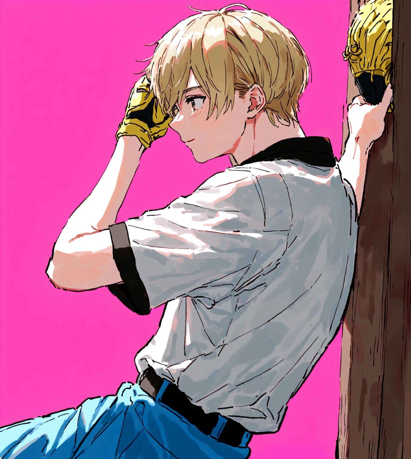 baseballユニフォーム,左手にbaseballグローブ,court,catcher,baseball防具,Forgetful Battery,youth,Blonde,Refreshing Youth,View from the side,morning,Koshien,Background is blue,baseball,View from the side,catcher