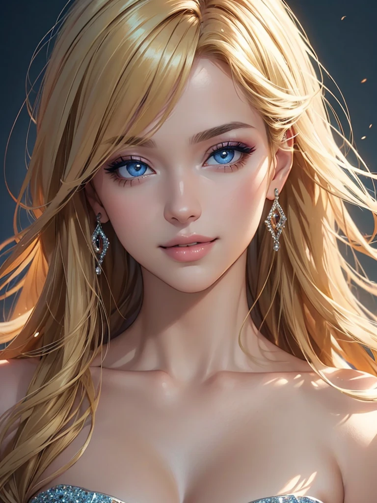 (Best quality,ultra detailed,Photorealistic:1.37),bright and rich colors,studio lighting,playful facial expression,stylish makeup, twilight,Blonde hair blowing in the wind,inviting eyes,glossy lips,sexy pose, I smile confidently and seductively,posing for a professional photo shoot,shallow depth of field,highlighting the main subject,soft natural light,Creating a dreamy and magical atmosphere.
