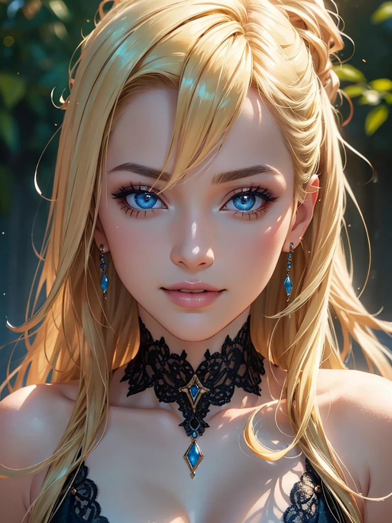 1girl, blonde hair, eyelashes, hair over one eye, blue eyes, big lips, ultra-detailed, high quality, highres, absurdres, best quality, best quality, large breasts, long hair, bright pupils, tall female, pink lips, extremely detailed, large breasts, huge tits, raised chest, seductive pose