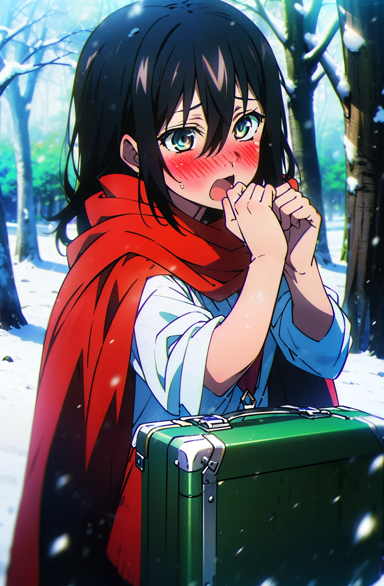 Himeragi Yukina, Brown eyes, Black Hair, Hair between the eyes, Medium Hair, Medium chest,blush,White Breath,
Open your mouth,snow,Ground bonfire, Outdoor, boots, snowing, From the side, wood, suitcase, Cape, Blurred, forest, White handbag, nature,  Squat, Mouth closed, Cape, winter, Written boundary depth, Black shoes, red Cape break looking at viewer, Upper Body, whole body, break Outdoor, forest, nature, break (masterpiece:1.2), Highest quality, High resolution, unity 8k wallpaper, (shape:0.8), (Beautiful and beautiful eyes:1.6), Highly detailed face, Perfect lighting, Extremely detailed CG, (Perfect hands, Perfect Anatomy),
