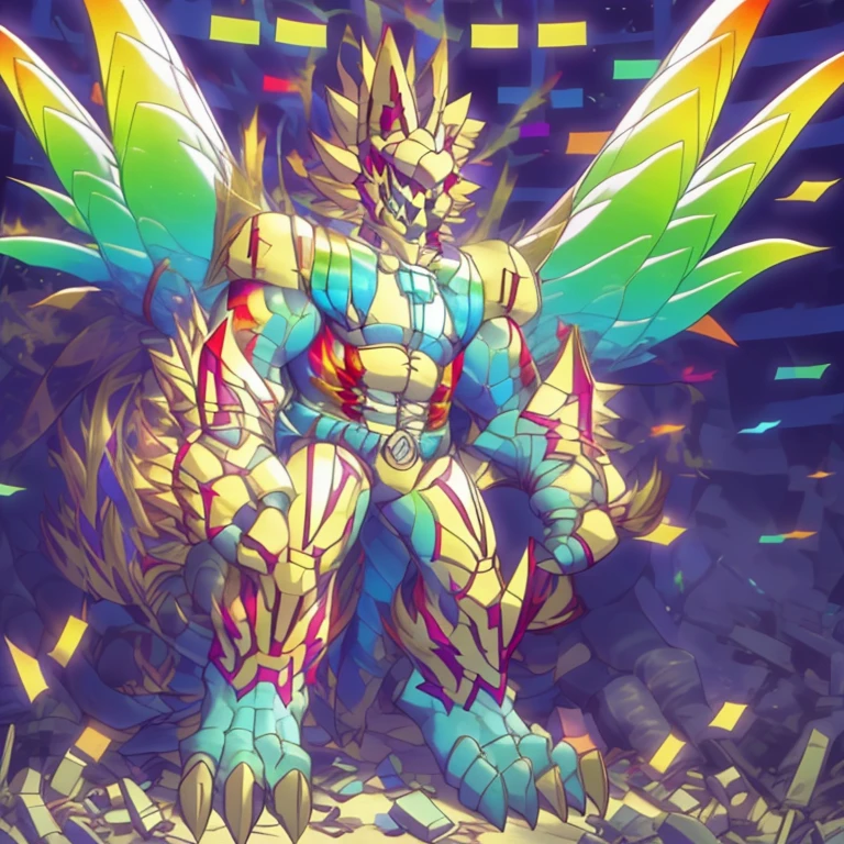 (masterpiece. official art. 8k. best quality. detailed full body. full body.)
(situation 1 : dominating The Phoenix Wolf. The Phoenix Wolf is over 1000 meters long. focus giant mechanical Muscular The Phoenix Wolf is trampling the car. Looking down.)
(situation 2 :smoke and flames rising from the destruction in the city)
(Additional details 1: Wearing golden Armor. Cape. Helmet. real texture material. whole body shines like metal. emphasizes the muscles. suit fully made of metal. Robotic suit. no face.).
(Additional details 1.5: The arms are golden. The lower half of the body is golden. The wolf-shaped helmet has sharp fangs. The whole body is golden. The chest area is also golden. There is a ring above the head.).
(Additional details 2: Detailed head. Detailed Body. Detailed abs. gigantic muscles. HYPER MUSCLES. Gigachad Muscular. big muscle. pecs. triceps. traps. unusually developed muscular body. body full of huge muscles. showing off muscles. pectorales enormes. Exaggeratedly huge muscles. huge muscles. long legs.).
(Additional details 3: Spread wings. It has wings. The claws are sharp. Sharp teeth.). He is laughing defiantly. The claws are sharp. Sharp teeth.).
(Additional details 3.5 : nj5furry, He is laughing defiantly. medieval armor.).