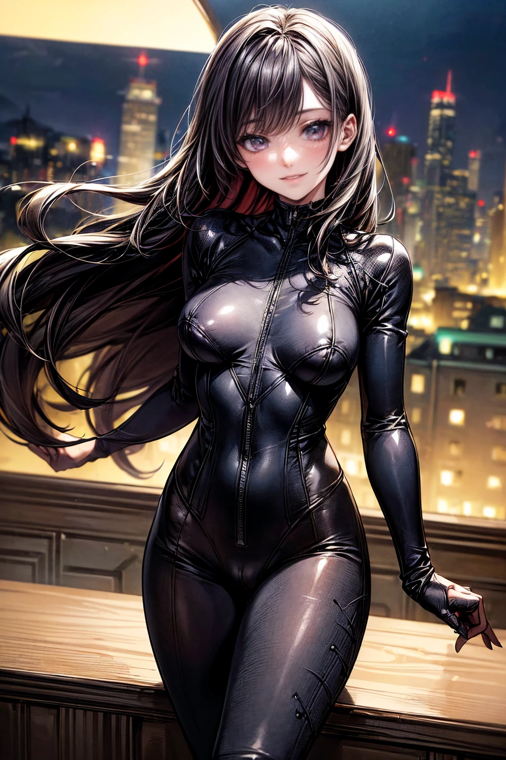 nsfw、(masterpiece, Highest quality, Super detailed:1.3), Perfect composition, 4K, (Very detailed, Super detailed),(City of night:1.5), (Plain bodysuit:1.4),(The skin is slightly visible)、 High resolution, 8k Texture, Attention to detail, Very detailed肌の質感, Magnificent details, High Sharpness, One girl, (Fine grain:1.3), (25-year-old woman:1.3),(A smile that lowers the corners of the eyeouth showing teeth、