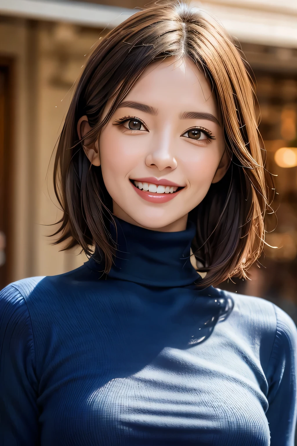 ((masterpiece)), ((Highest quality)), ((Complex)), ((Surreal)), (Realistic), (Mature Woman), ((No classes)), Very detailed, (1 female), Beautiful and exquisite, (Beautiful Teeth), Grin, Brunette Bob Hair, Brown eyes, ((Blue turtleneck)), (Upper Body), (background:Urban area), (backgroundぼかし), Perfect Eyes, Captivating eyes, Looking at the audience