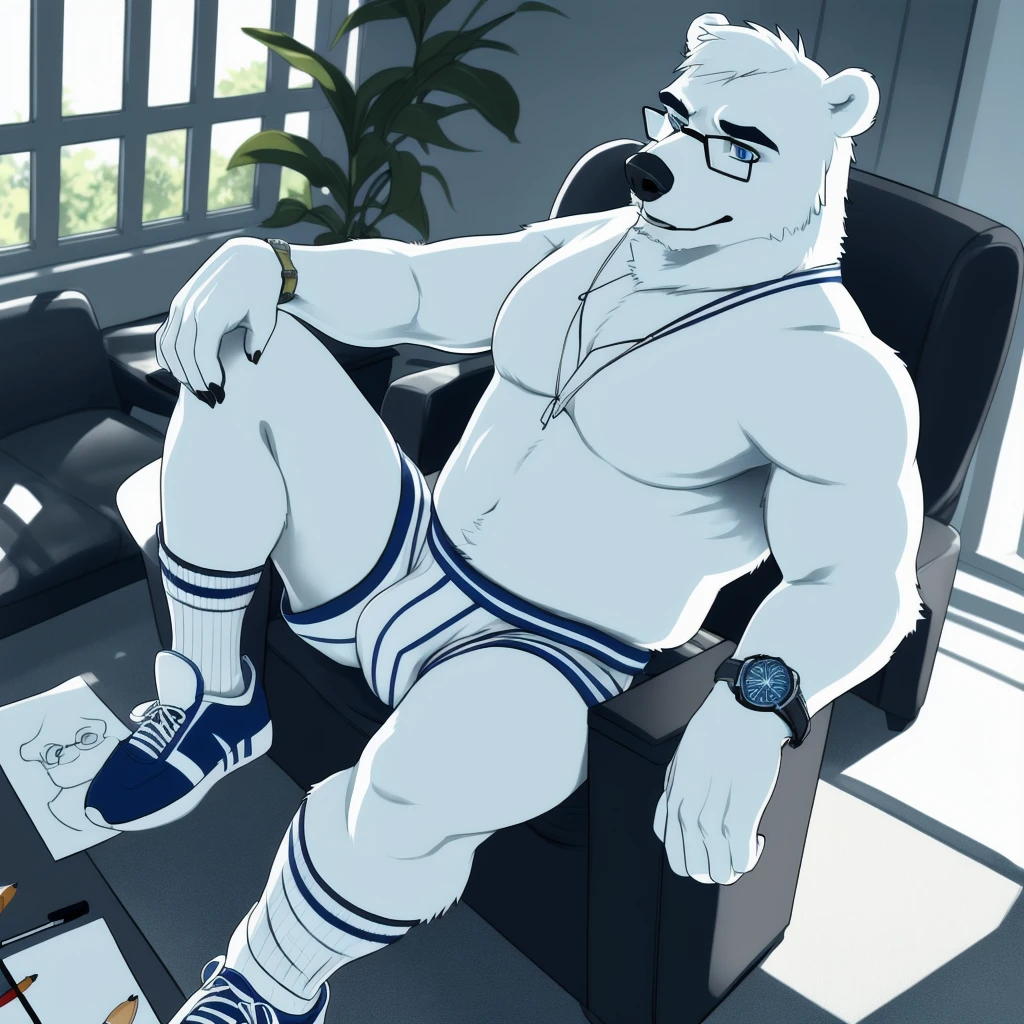 dad male polar bear blue eyes, standing , white briefs , watch , spread legs ,living room, sunlight, adidas shoes , all white socks , high quality , drawing black lineart , kemono , detailed eyes polar bear dad male office suit slighly well built glasses, blue eyes head crest hair, opening chest , wearing white sock, disney profile, drawing lineart