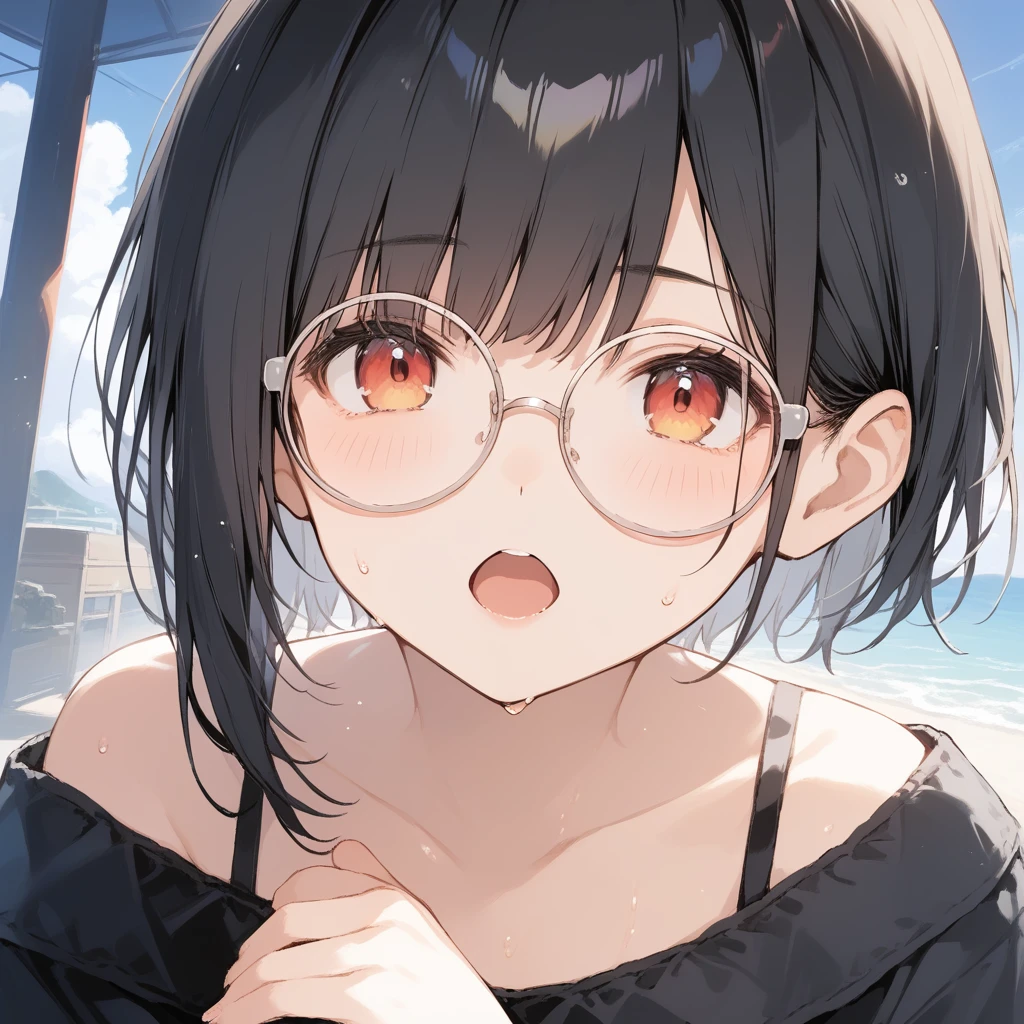 score_9, score_8_up, score_7_up, source_anime, best quality, masterpiece, official art, absurdres, highres, ultra-detailed,waifu2x,Collection: Slice of Life,break,1girl, very short hair,pixie cut, long bangs, glasses, small breasts, thighs, sweat, open mouth, (wavy mouth:0.3), outdoors, summer, break,(clear line illustration:1.2),very high resolution, very aesthetic, super detailed skin, Best sexual lighting powered by famous artist, 8k,cute picture,beauty illustration,photoshop_(medium),,(Detailed Lighting),best anime 8k konachan wallpaper, pixiv contest winner,