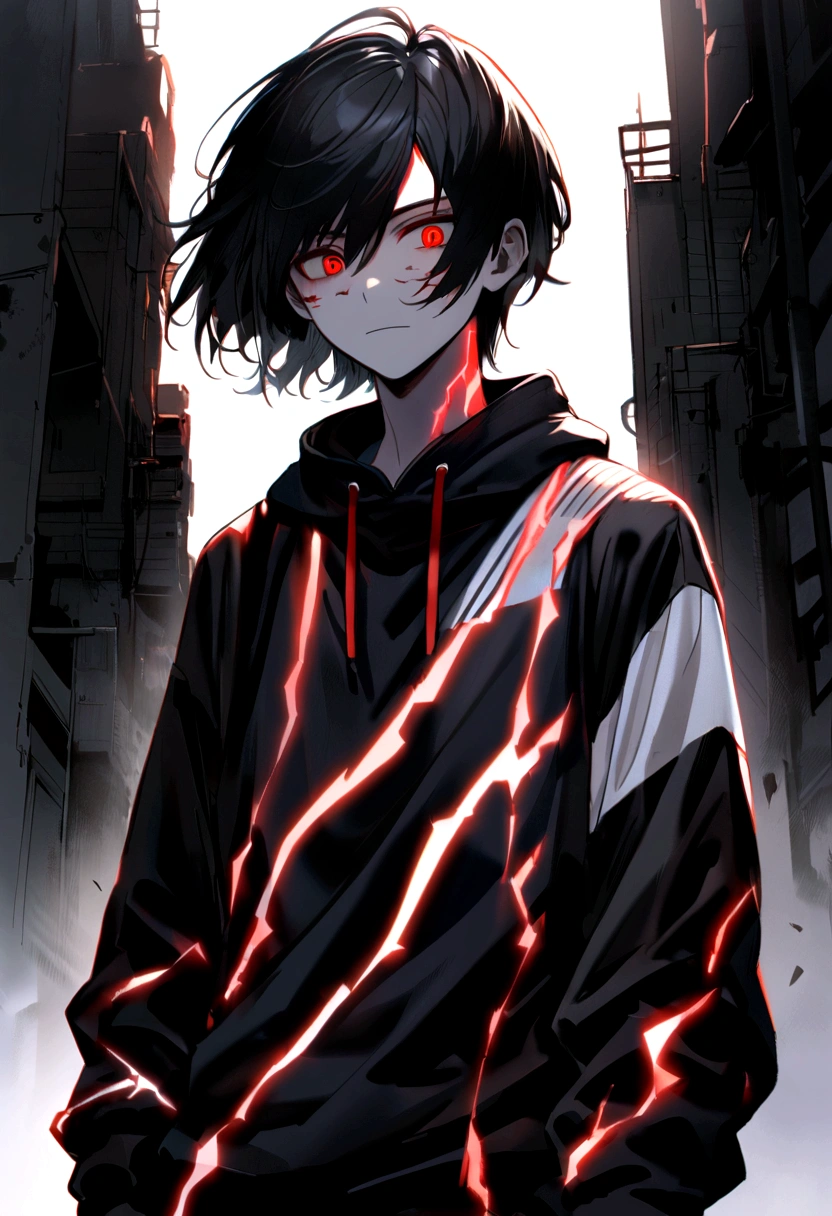 Man, , long black hair, black and white sweatshirt with red electricity on his body, manipulative face