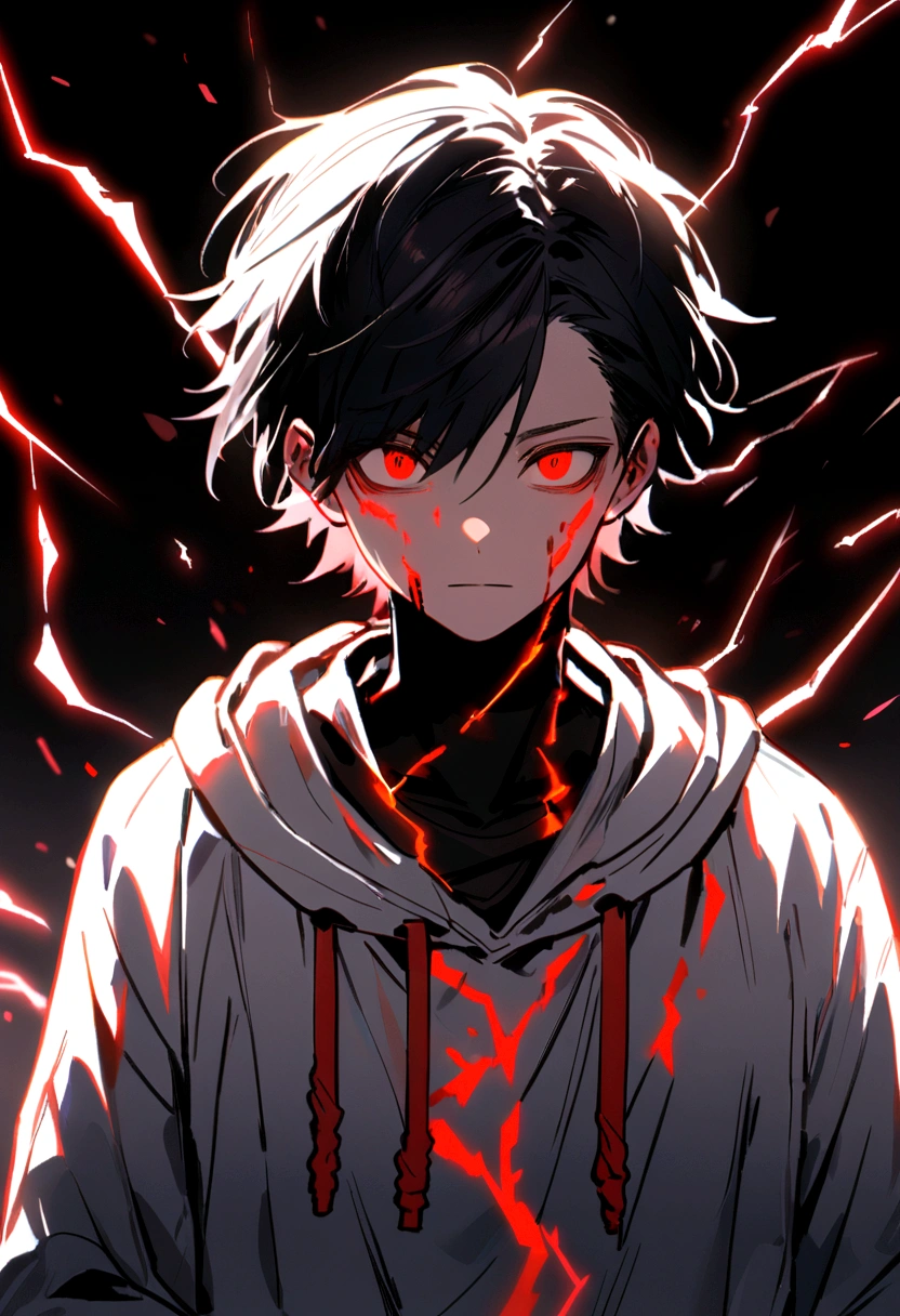 Man, , long black hair, black and white sweatshirt with red electricity on his body, manipulative face