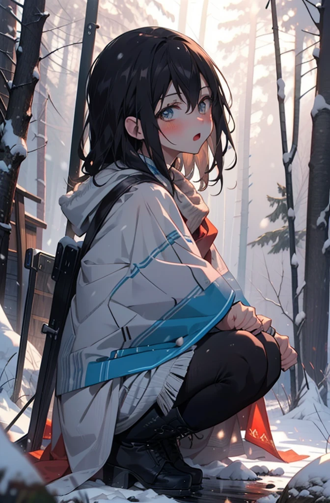 Himeragi Yukina, Brown eyes, Black Hair, Hair between the eyes, Medium Hair, Medium chest,blush,White Breath,
Open your mouth,snow,Ground bonfire, Outdoor, boots, snowing, From the side, wood, suitcase, Cape, Blurred, forest, White handbag, nature,  Squat, Mouth closed, Cape, winter, Written boundary depth, Black shoes, red Cape break looking at viewer, Upper Body, whole body, break Outdoor, forest, nature, break (masterpiece:1.2), Highest quality, High resolution, unity 8k wallpaper, (shape:0.8), (Beautiful and beautiful eyes:1.6), Highly detailed face, Perfect lighting, Extremely detailed CG, (Perfect hands, Perfect Anatomy),