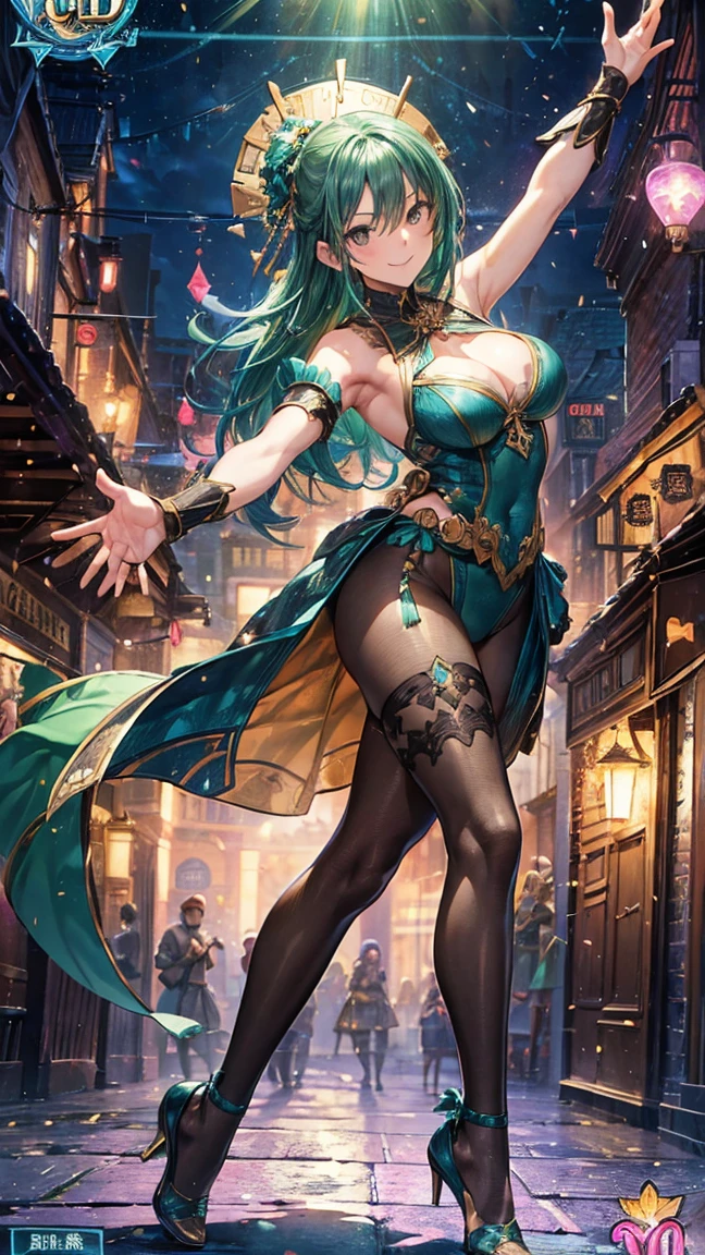 (1 mature dancer,Full Body Tights,Age 35), ((Pub,guild)),(smile),Dynamic pose,Dynamic Angle,Pose for a photo,From below,Elderly woman、Trading Card Game Frames、Highest Rare、Five Fingers、Signature mark、Recovery Officer、Big Butt、Green Hair、Sexy Costumes、dancer