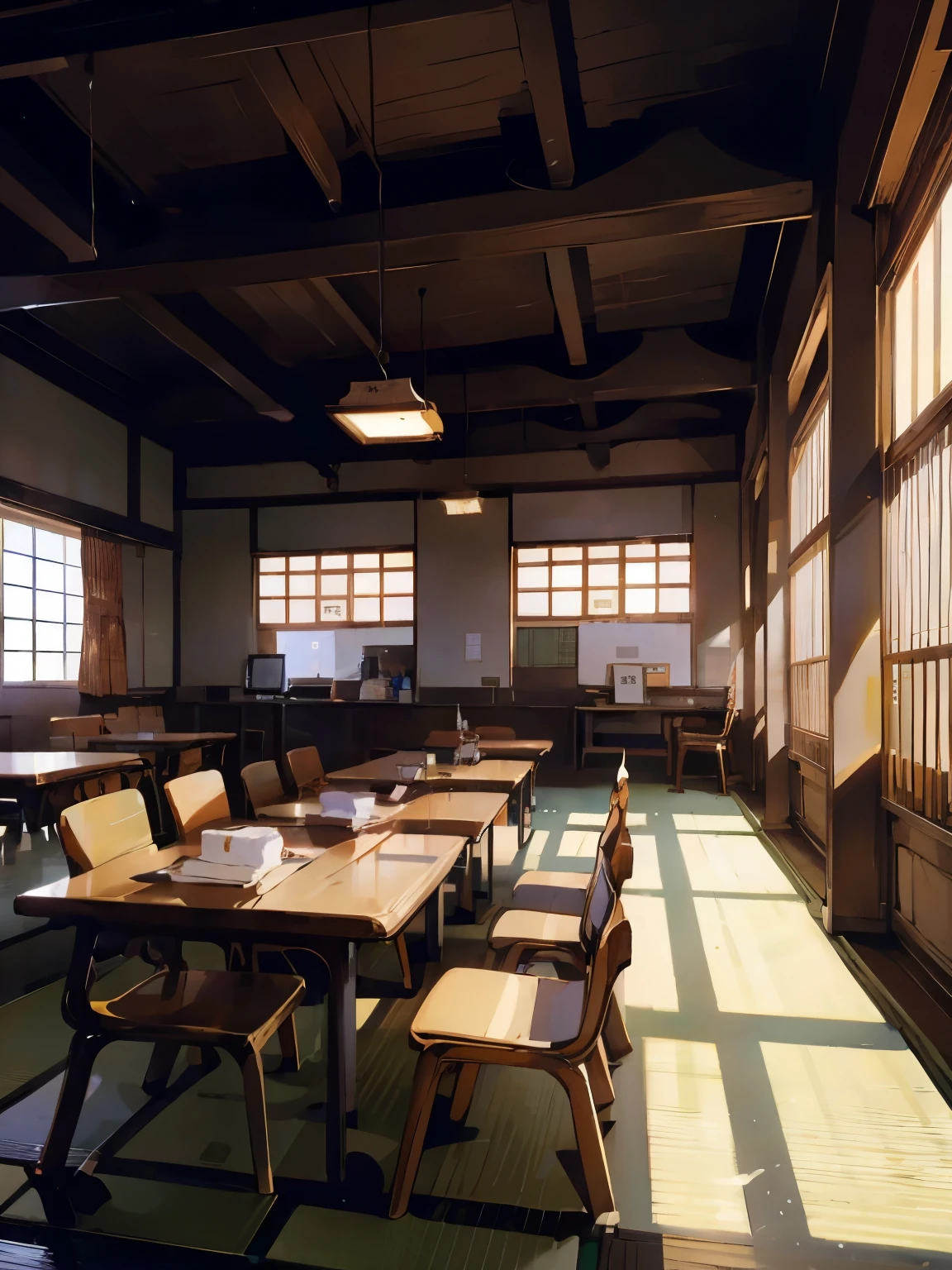 ((Japanese school canteen)), food and napkins, play of light and shadows, beautiful background