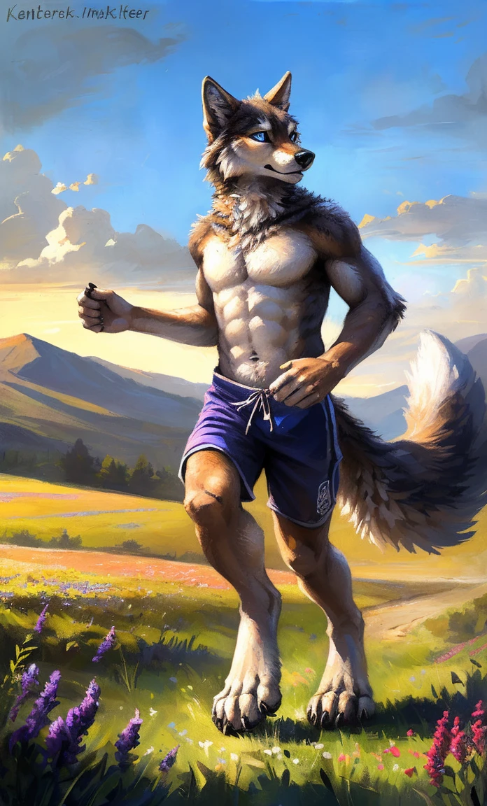 ((Solo)), male people, anthro wolf, (Multi-colored fur, White-brown:1.3，White tail pointed), (Height 2.1m,Tail length 1.2m), ((Wolf face, Big eyes, White eyelids, Blue pupil, Slim:1.2) (Tough, Calm expression:1.2)), Abs, Slim, pinging)), (Correct anatomy), (Work shorts:1.1), The upper body  naked, (detailed outfits),A long big tail，Feet，(Realistic fur, Detailed fur texture, labeled:1.3)), (Natural lighting), Photorealistic, Hyperrealistic, ultradetailed, by Kenket，In a sea of flowers，erect through，Running on