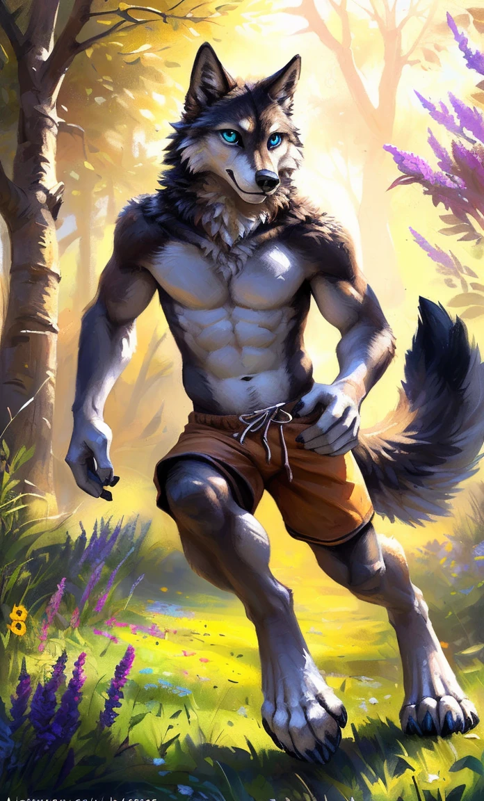 ((Solo)), male people, anthro wolf, (Multi-colored fur, White-brown:1.3,White tail pointed), (Height 2.1m,Tail length 1.2m), ((Wolf face, Big eyes, White eyelids, Blue pupil, Slim:1.2) (Tough, Calm expression:1.2)), Abs, Slim, pinging)), (Correct anatomy), (Work shorts:1.1), The upper body naked, (detailed outfits),A long big tail,Feet,(Realistic fur, Detailed fur texture, labeled:1.3)), (Natural lighting), Photorealistic, Hyperrealistic, ultradetailed, by Kenket,In a sea of flowers,erect through,Running on