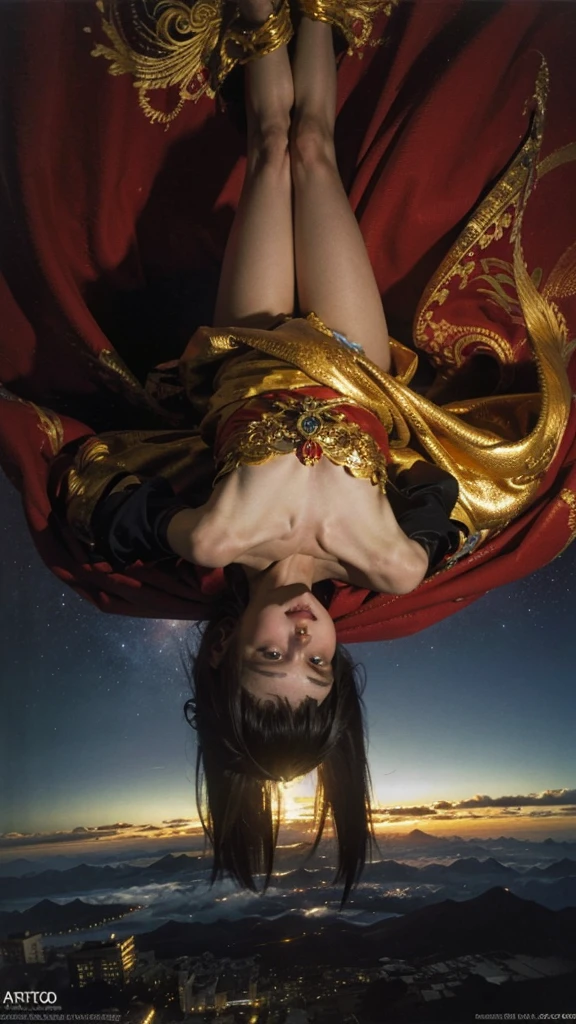 upside down world where humans are falling from a blood red sky with shooting stars destroying a monumental post apocalyptic city, masterpiece, best quality, hyper detailed, ultra detailed, ultra high definition, 8k, unreal engine 5, super sharp focus, intricate masterpiece art, golden ratio, popular on artstation