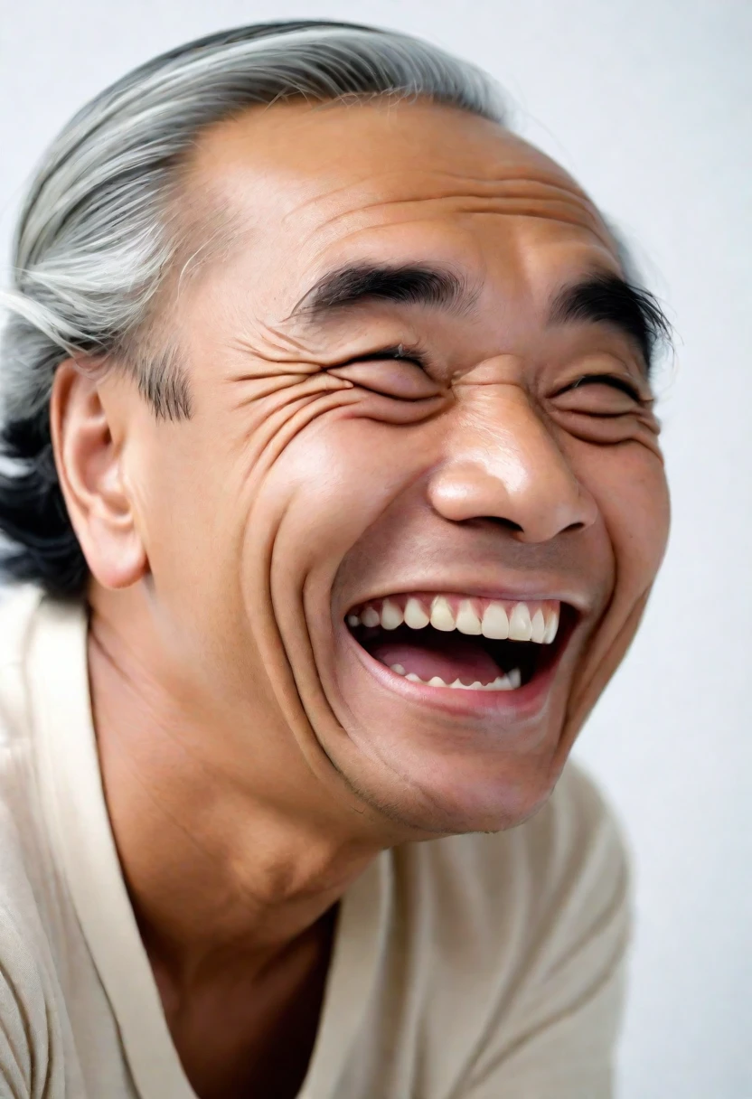 a photo of a Malaysian man laughing awkwardly. funny looking. wrinkles. thick black hair and thick eyebrows. brown skin. natural lighting. uhd. white background.