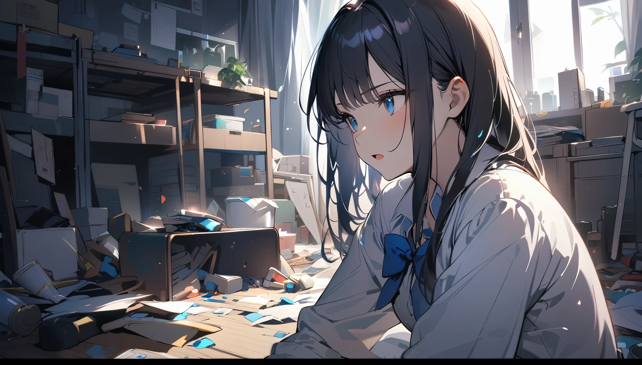 BREAK 1 girl, long hair, black hair, straight hair, short bangs above brows, blue eyes, expressionness, open mouth, (looking away:1.2)
BREAK (masterpiece), (high resolution 8K), cinematic lighting, professional lighting, detailed eyes and face, detailed body,
BREAK white shirt, blue bowtie, pleated skirt,
BREAK miscellaneous goods are placed in a mess, (messy room:1.5)