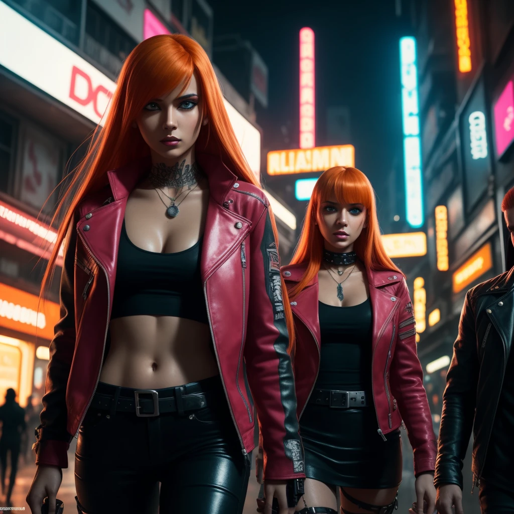 Close-up, a beautiful orange haired Italian elegant fashion, tattered clothes, long and straight hair, punk outfit, pink outfit, lipstick, action movie scene, Dystopian Dinner Cinematic Blade Runner, natta, busy with neon signs, blade runner aesthetics, packed with people, film cinematography, gangue trash, attractive person, High emphasis on detail, wearing weather technology equipment, gangue trash, nightlife, full of life, gangue trash, action movie shot by Kon Satoshi, style semi impasto, dark ink, Atmospheric, Ablaze, lighting dramatic, Beautiful eyes, symmetric eyes, perfects eyes