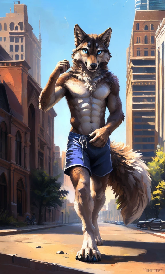 ((Solo)), male people, anthro wolf, (Multi-colored fur, White-brown:1.3，White tail pointed), (Height 2.1m,Tail length 1.2m), ((Wolf face, Big eyes, White eyelids, Blue pupil, Slim:1.2) (Tough, Calm expression:1.2)), Abs, Slim, pinging)), (Correct anatomy), (Work shorts:1.1), The upper body  naked, (detailed outfits),A long big tail，Feet，(Realistic fur, Detailed fur texture, labeled:1.3)), (Natural lighting), Photorealistic, Hyperrealistic, ultradetailed, by Kenket，Modern city，erect through，Running on