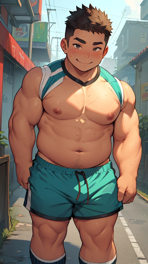 ((androgynous)), ((boyish)), chubby, (very short hair), (pudgy face), (thick), overweight, beefy, (cute), (little brat), (naughty brat), (belly button), Chubby body, Sweaty body, (Smelly body), (moobs), (ikemen), (Obese man like female breasts), ((PE uniform)), (sexly), (nipples), (naughty smile), (eyelashes), 