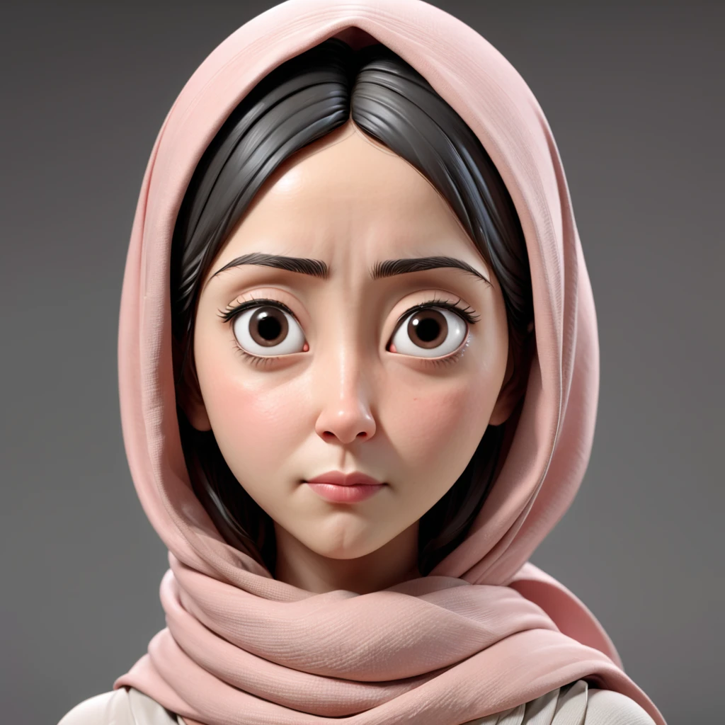 A realistic 3D caricature of a woman with an oval face, slightly tired expression. She has almond-shaped eyes with slightly puffy lower eyelids, straight and thick eyebrows, a proportionate nose with a slight bridge, and full lips that are closed. Her cheeks appear flat and slightly sunken. She is wearing a light pink hijab that covers her head and neck, with a black inner garment covering her shoulders. Her head is slightly tilted forward, looking straight at the camera.