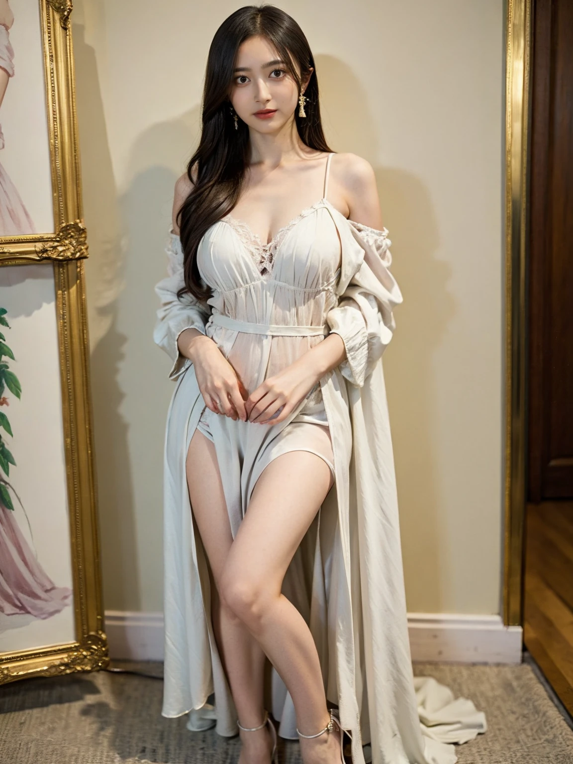  (best quality, masterpiece:1.2), tianfeng1, Extremely detailed, (Practical:1.37), beautiful, youth, Charming female model, sweet smile, Sweetheart girl, Warm colors, ((Full body view，Skin is firm and smooth)), ((Random scenes，Random shooting angles)), ((Elegant and natural gesture)), (big eyes, Exquisite eyes, Delicate lips, Exquisite eyes), Available in white and floral pattern, Show a bright smile, fit, Full breasts, ((Large Breasts)), Long legs, Create a stunning photo of a girl