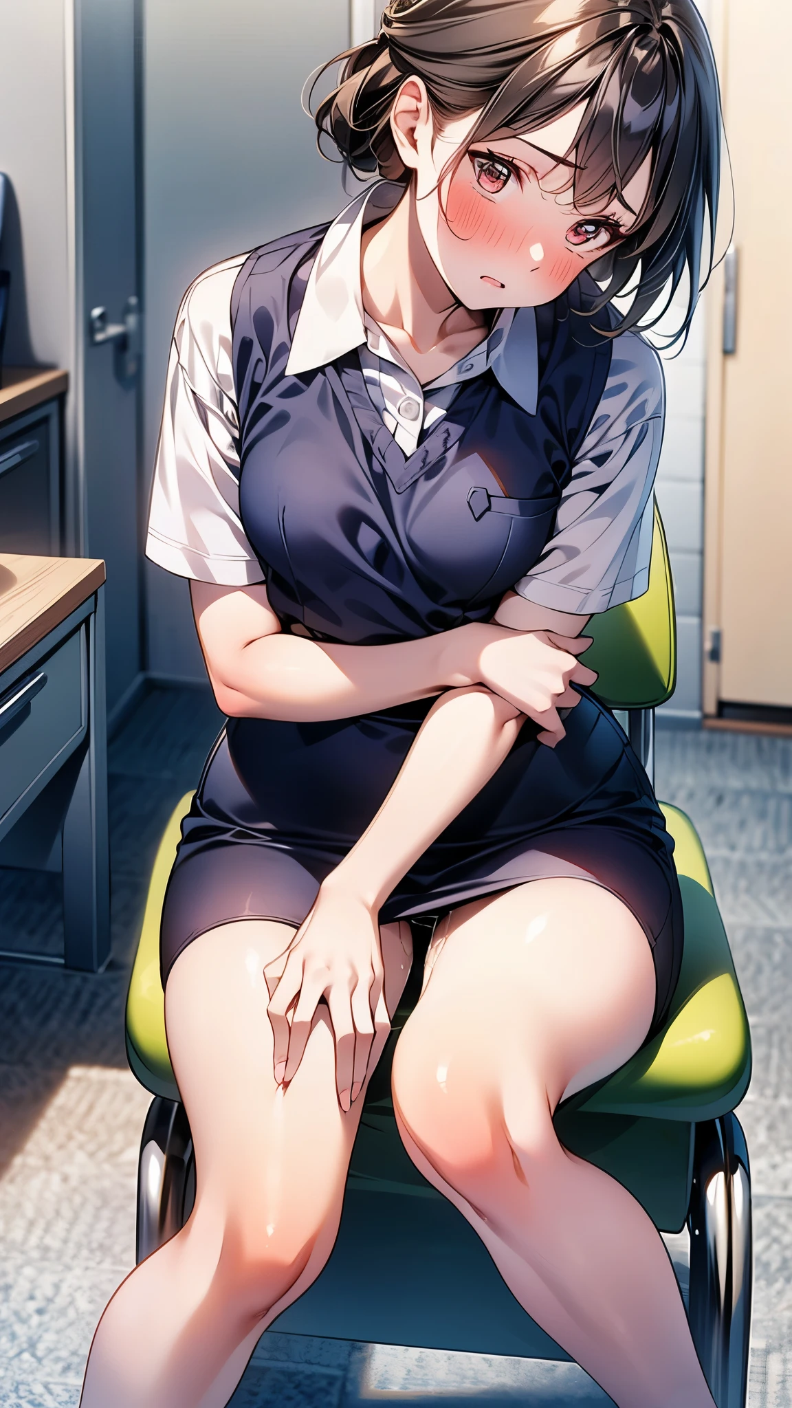 (1 person、alone), Beautiful woman, ((Anatomically perfect body)), Slender、(OL, office lady)、(Short sleeve blouse、vest、Pencil Skirt)、 (Look down, face down:1.、(Highest quality)、Black Hair, (half updo:1.2), (Sit on a chair)、(Inner thighs), (office)、(8K, High resolution)、(shy:1.4)、small breast, (steam:1.1), (embarrassed:1.3)、High definition face、(Pussy juice:1.1), (Hug your chest), High heels,  (Thin legs)