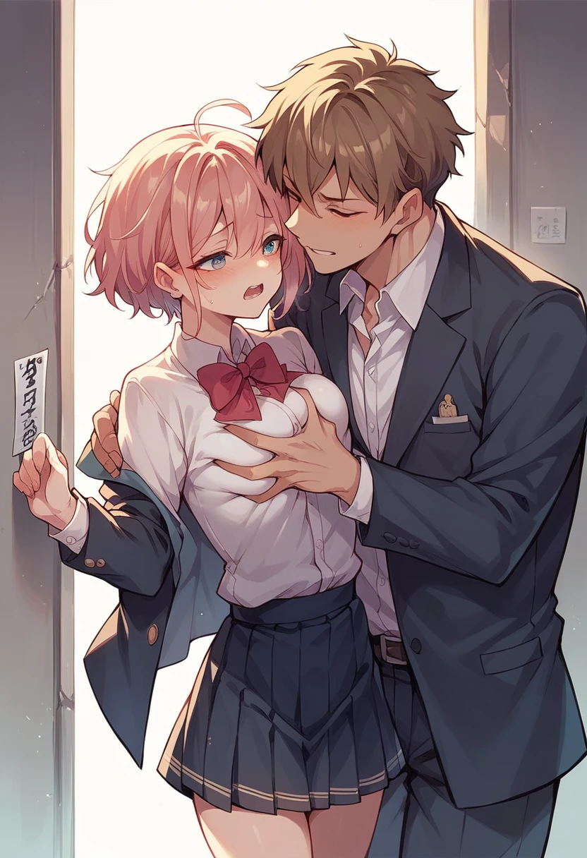 Station ticket gates、A man in a suit groping a schoolgirl's breasts and buttocks、A white shirt that fits her no-bra 、Blue and white striped skirt、Her skirt flips up to reveal her cute white underwear、Bare legs and leather shoean in white suit