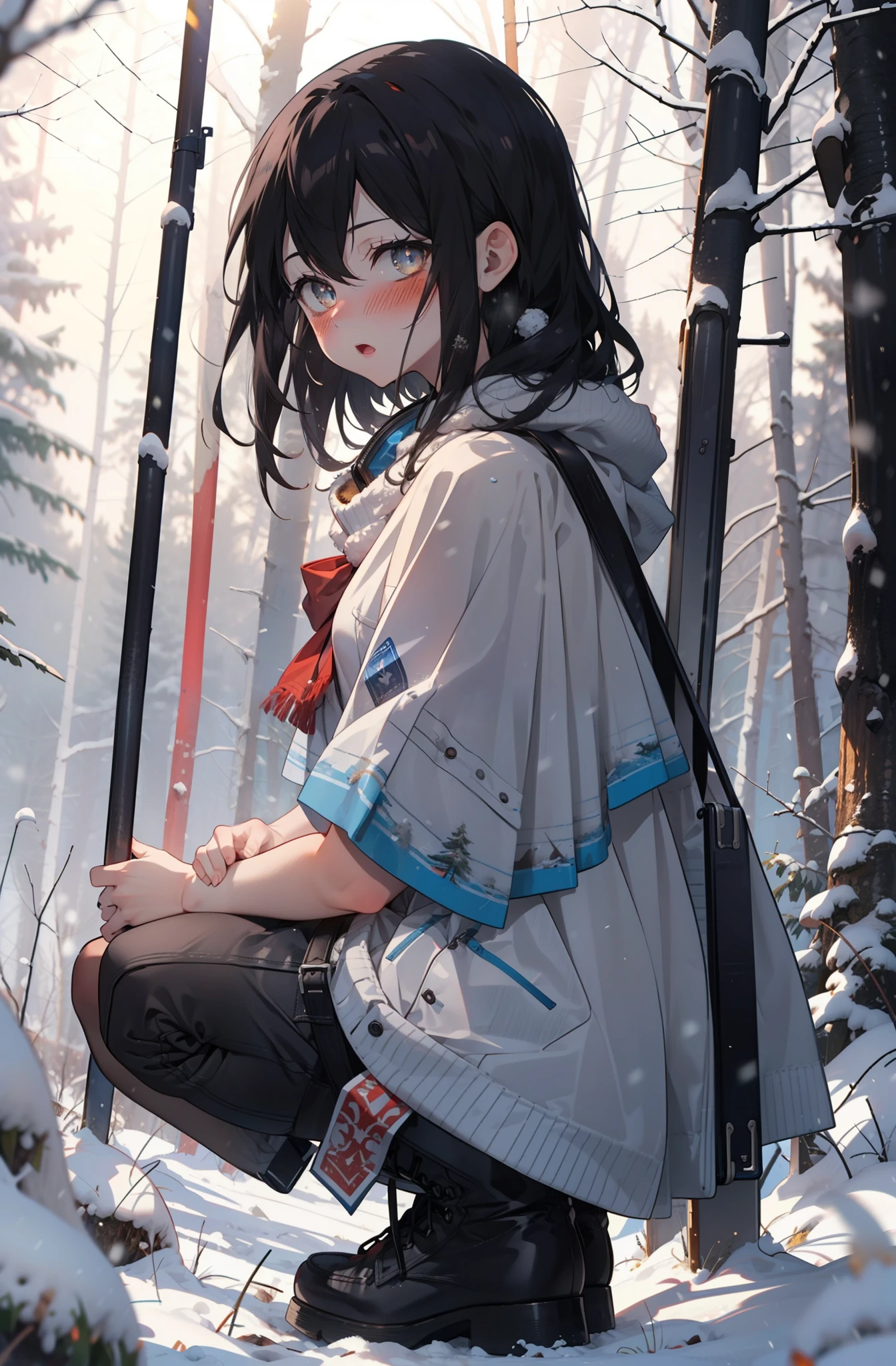 Himeragi Yukina, Brown eyes, Black Hair, Hair between the eyes, Medium Hair, Medium chest,blush,White Breath,
Open your mouth,snow,Ground bonfire, Outdoor, boots, snowing, From the side, wood, suitcase, Cape, Blurred, forest, White handbag, nature,  Squat, Mouth closed, Cape, winter, Written boundary depth, Black shoes, red Cape break looking at viewer, Upper Body, whole body, break Outdoor, forest, nature, break (masterpiece:1.2), Highest quality, High resolution, unity 8k wallpaper, (shape:0.8), (Beautiful and beautiful eyes:1.6), Highly detailed face, Perfect lighting, Extremely detailed CG, (Perfect hands, Perfect Anatomy),