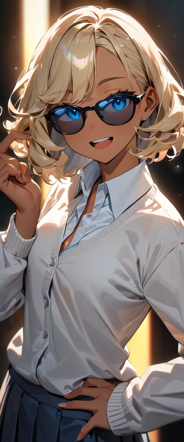 (((One girl))), (((from behind))), back view, ((tanned skin:1.3)), blond hair, inwardly curled hair, ((sunglasses, hand to sunglasses)), open mouth, tongue out, ((one hand on hip)), ((bob cut:1.3, wavy hair)), (upper body), standard body, (looking back), ((cardigan)), ((((school winter uniform, white unbuttoned shirt, skirt)))), ((sleeves past wrists)), teenager, head tilt:1.3, (((blue eye))), ((happy smile)), (((anime style))), (best quality, 4k, 8k, highres, masterpiece:1.2, ultra-detailed, ultra-detailed eyes, HDR, UHD, studio lighting, ultra-fine painting, sharp focus, physically-based rendering, extreme detail description, professional, vivid colors, bokeh), ((Highest quality, Best image quality, Ultra-high resolution, Ultra-high resolution, solo, Strong eye highlights)), Depth of written boundary, Natural soft light, attractive, Beautiful Face, Cleanliness, Pure Face, nedium chest, Beautiful Face, Perfect Fingers, Perfect hands, Perfect body, Perfect Face, Shine a light into your eyes, Perfect ???????

