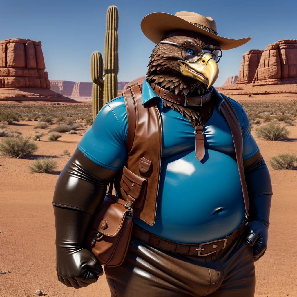 Male, fat, extremely obese, Eagle, blue eyes, (posing:1.3), (soft shading), 4k, hi res, ((detailed face, detailed)), looking at viewer, evil grin, desert, cactus, shirt, hat, male focus, Explorer Outfit, glasses, pants, bag, vest, backpack, sleeves rolled up, round eyewear, brown headwear, brown vest, Eagle is wearing a glossy leather dog collar around the neck, Eagle is wearing the leather collar and shirt and vest at the same time, Eagle is wearing glossy white rubber gloves on the hands, gloves are rubber in texture, clenching teeth, clenching fists, leather collar is glossy and shiny with a lot of detail.