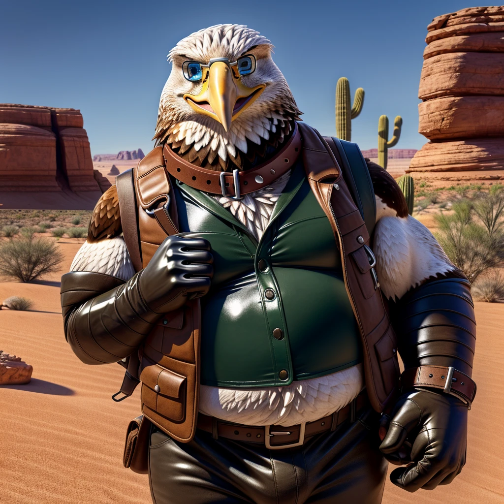 Male, fat, extremely obese, Eagle, blue eyes, (posing:1.3), (soft shading), 4k, hi res, ((detailed face, detailed)), looking at viewer, evil grin, desert, cactus, shirt, hat, male focus, Explorer Outfit, glasses, pants, bag, vest, backpack, sleeves rolled up, round eyewear, brown headwear, brown vest, Eagle is wearing a glossy leather dog collar around the neck, Eagle is wearing the leather collar and shirt and vest at the same time, Eagle is wearing glossy white rubber gloves on the hands, gloves are rubber in texture, clenching teeth, clenching fists, leather collar is glossy and shiny with a lot of detail.