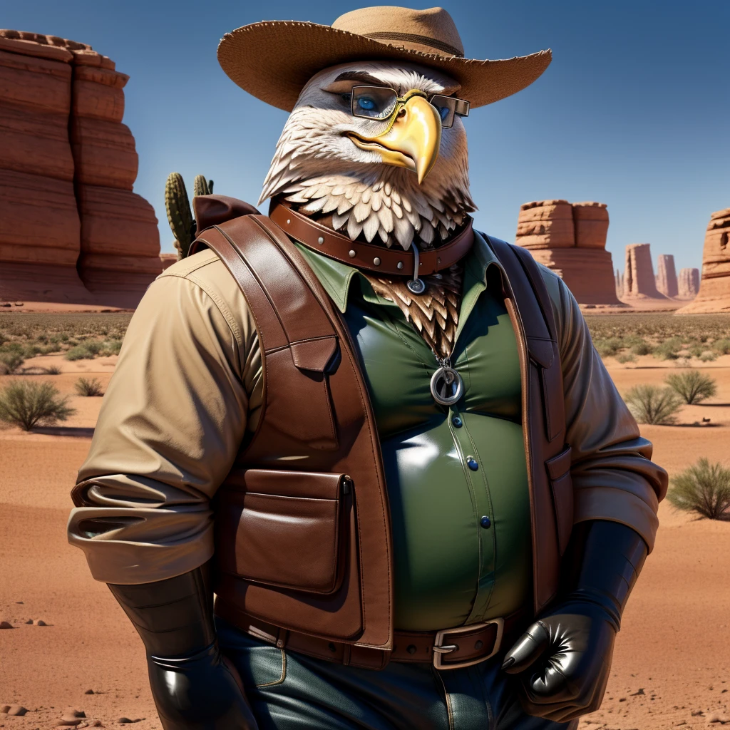Male, fat, extremely obese, Eagle, blue eyes, (posing:1.3), (soft shading), 4k, hi res, ((detailed face, detailed)), looking at viewer, evil grin, desert, cactus, shirt, hat, male focus, Explorer Outfit, glasses, pants, bag, vest, backpack, sleeves rolled up, round eyewear, brown headwear, brown vest, Eagle is wearing a glossy leather dog collar around the neck, Eagle is wearing the leather collar and shirt and vest at the same time, Eagle is wearing glossy white rubber gloves on the hands, gloves are rubber in texture, clenching teeth, clenching fists, leather collar is glossy and shiny with a lot of detail.