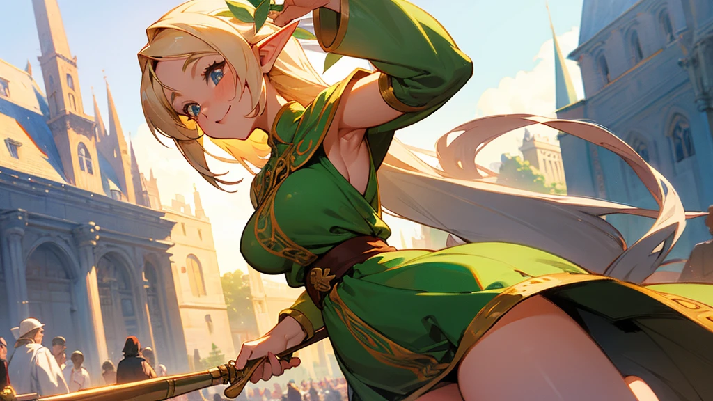Anime Style,Nostalgic,Detailed background,The medieval world,A bustling square with many people,Smiling bard beautiful elf girl,flute,Large Breasts,Underarm,Healthy thighs