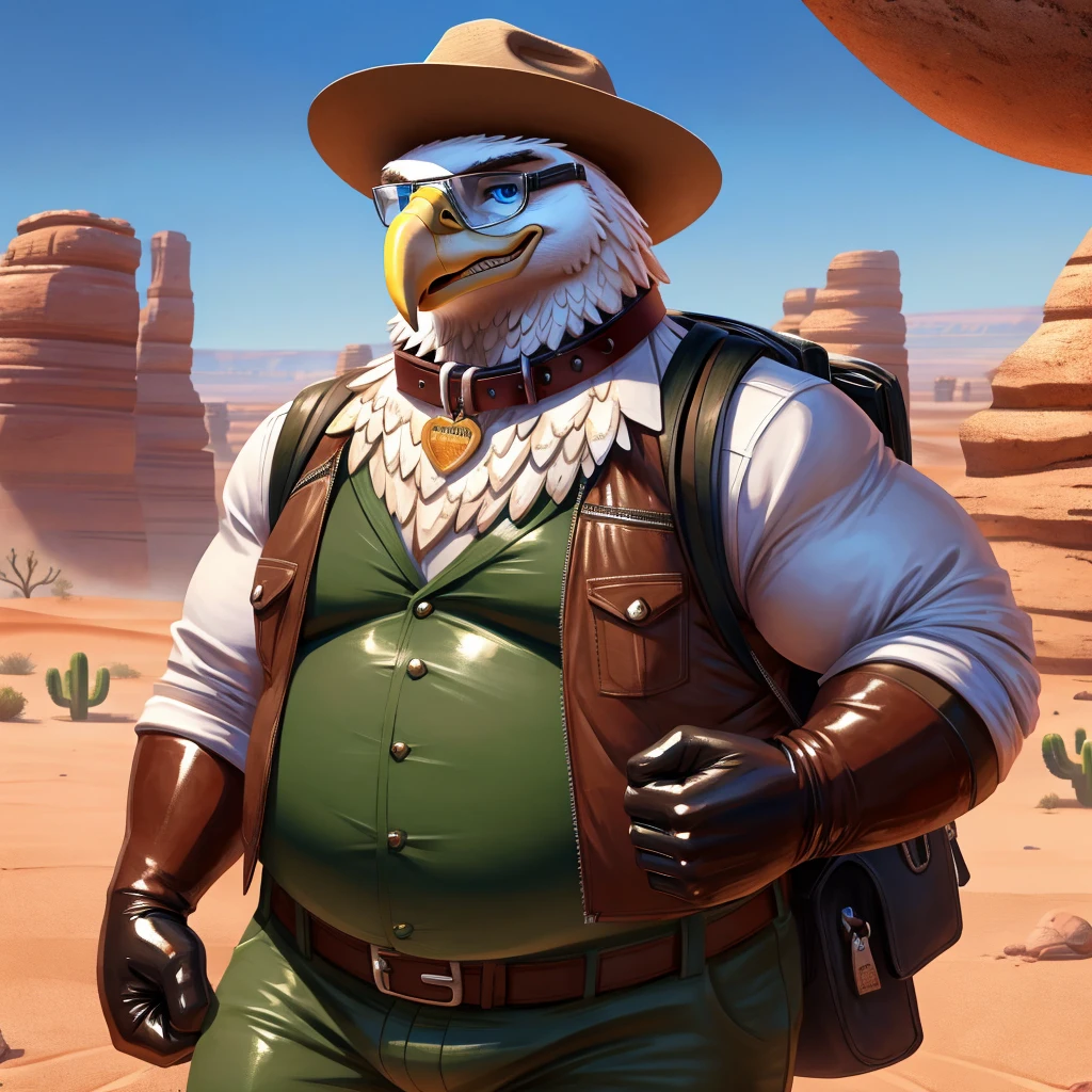 Male, fat, extremely obese, Eagle, blue eyes, (posing:1.3), (soft shading), 4k, hi res, ((detailed face, detailed)), looking at viewer, evil grin, desert, cactus, shirt, hat, male focus, Explorer Outfit, glasses, pants, bag, vest, backpack, sleeves rolled up, round eyewear, brown headwear, brown vest, Eagle is wearing a glossy leather dog collar around the neck, Eagle is wearing the leather collar and shirt and vest at the same time, Eagle is wearing glossy white rubber gloves on the hands, gloves are rubber in texture, clenching teeth, clenching fists, leather collar is glossy and shiny with a lot of detail.