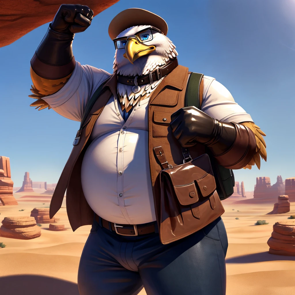 Male, fat, extremely obese, Eagle, blue eyes, (posing:1.3), (soft shading), 4k, hi res, ((detailed face, detailed)), looking at viewer, evil grin, desert, cactus, shirt, hat, male focus, Explorer Outfit, glasses, pants, bag, vest, backpack, sleeves rolled up, round eyewear, brown headwear, brown vest, Eagle is wearing a glossy leather dog collar around the neck, Eagle is wearing the leather collar and shirt and vest at the same time, Eagle is wearing glossy white rubber gloves on the hands, gloves are rubber in texture, clenching teeth, clenching fists, leather collar is glossy and shiny with a lot of detail.