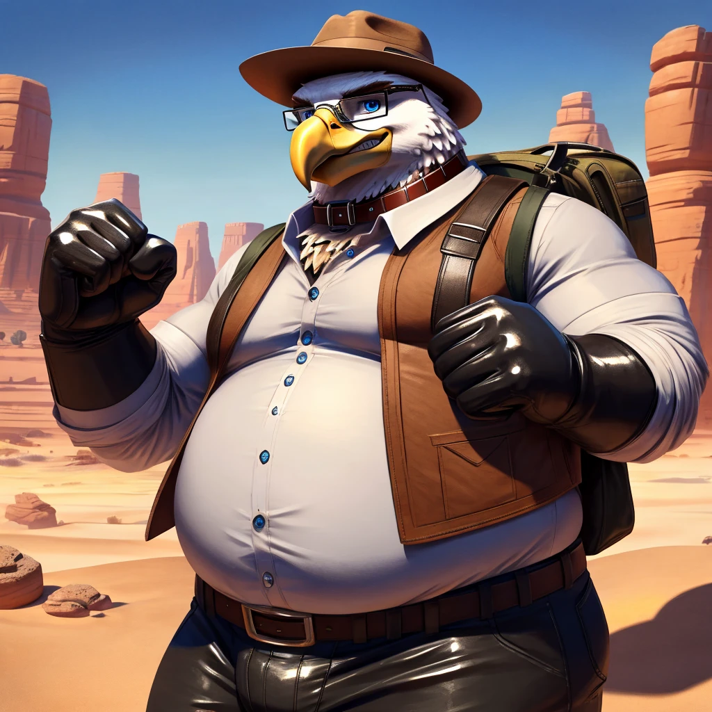 Male, fat, extremely obese, Eagle, blue eyes, (posing:1.3), (soft shading), 4k, hi res, ((detailed face, detailed)), looking at viewer, evil grin, desert, cactus, shirt, hat, male focus, Explorer Outfit, glasses, pants, bag, vest, backpack, sleeves rolled up, round eyewear, brown headwear, brown vest, Eagle is wearing a glossy leather dog collar around the neck, Eagle is wearing the leather collar and shirt and vest at the same time, Eagle is wearing glossy white rubber gloves on the hands, gloves are rubber in texture, clenching teeth, clenching fists, leather collar is glossy and shiny with a lot of detail.