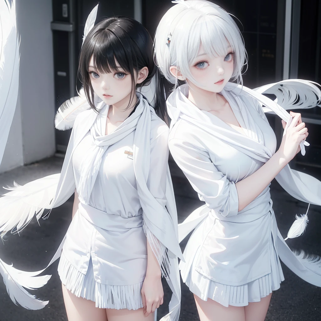 best quality, masterpiece, 

Three Japanese high-school short girls with cute style, 

looking straight ahead and striking a gutsy pose are standing (separately:1.4), side by side, 

(High-school-girls with a white short scarf, a white feather shawl around her neck:1.5),